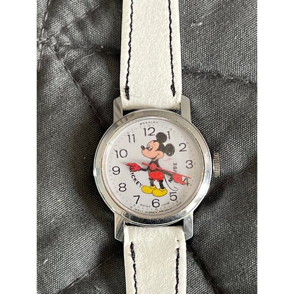 Disney Mickey Mouse Bradley Swiss Made Watch White Leather Band - Picture 1 of 4
